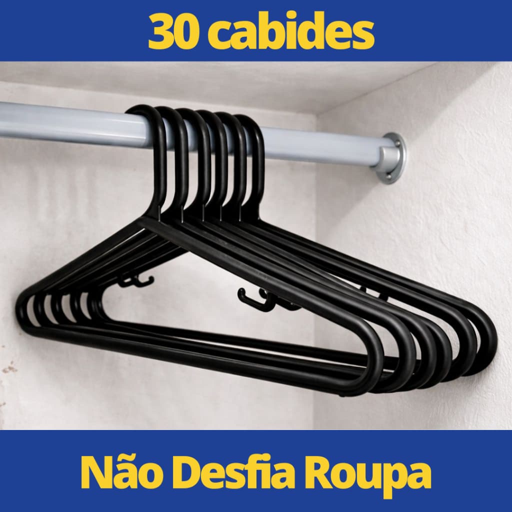 Cabide Adulto Preto kit 30 Cabides Reforçado Organizar Roupas