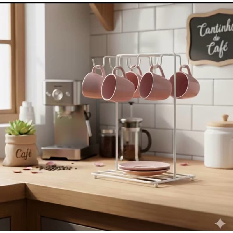 Suporte Porta Xícaras de Café e Pires 6 Ganchos