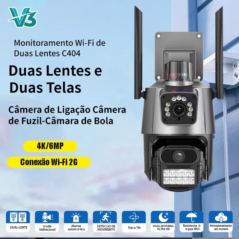 V3 C404 Câmera De Segurança Ip 4K 6MP Prova D'água ,PTZ de Lente Dupla com Alarme de Luz Policial