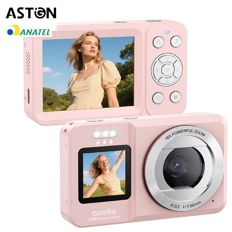 Astgn X Basike  Câmera Digital 64 megapixels 4K Selfie Zoom 18X Com Tela Flip De 180 Vlog
