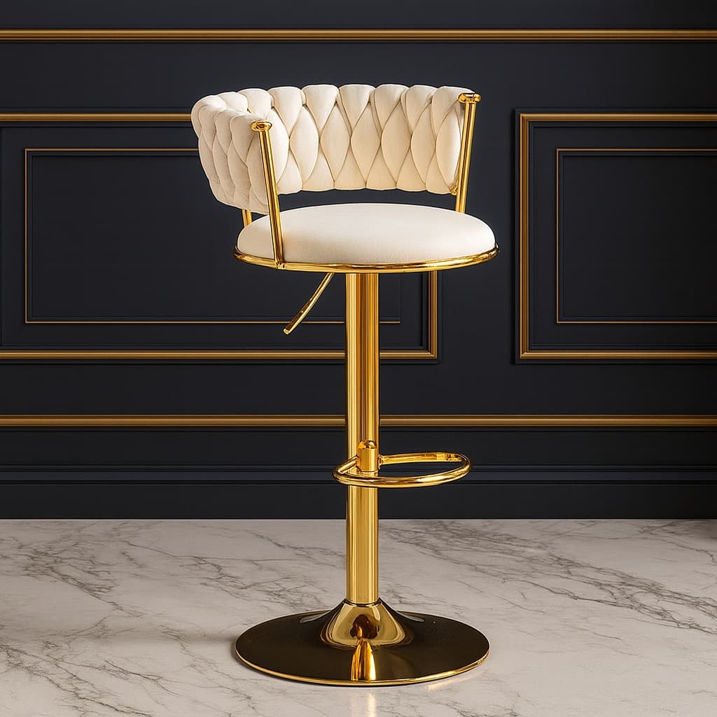 Cadeira Alta de Bar em Veludo Macio com Pé Dourado – Banqueta Decorativa de Luxo