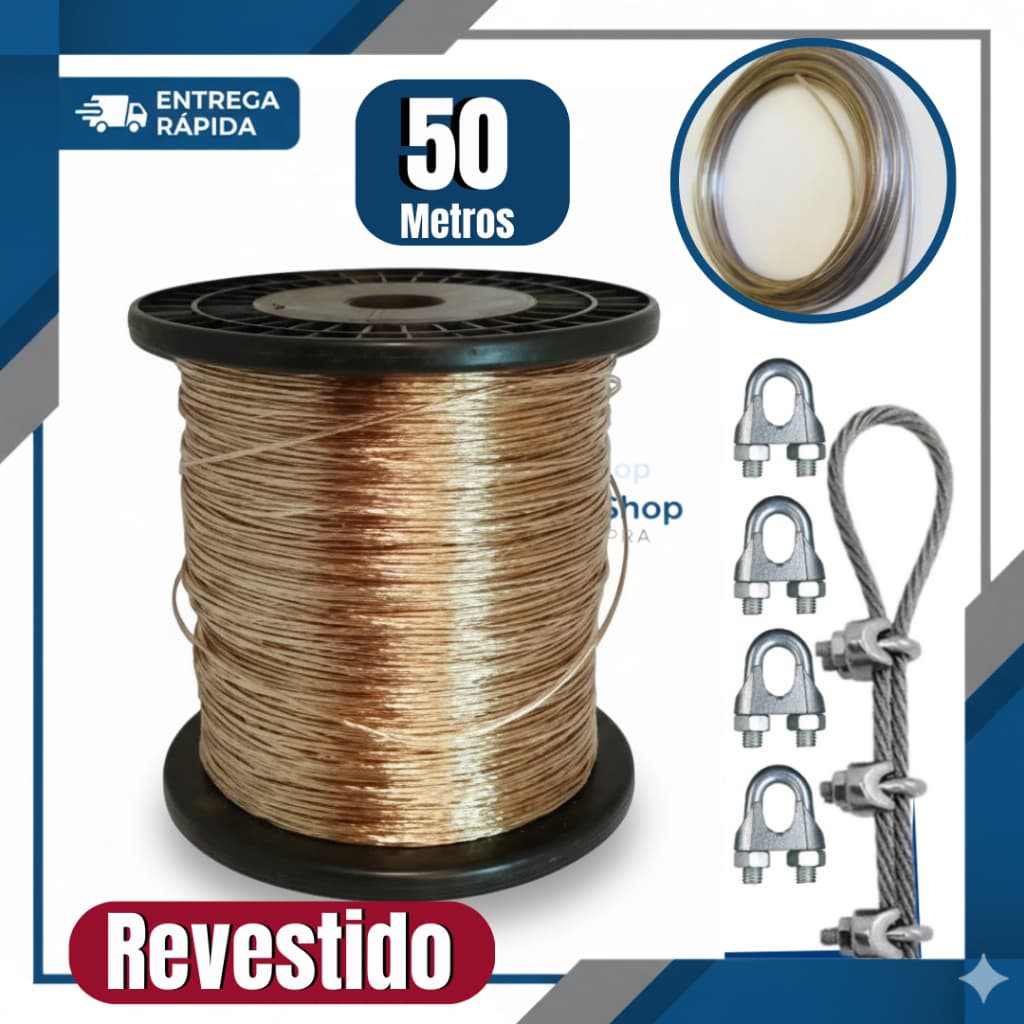 Kit Varal 50 Metros de Cabo de Aço Revestido 1,75mm + 4 Clip Prendedor de Cabo
