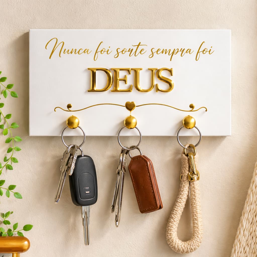 Porta Chaves Decorativo Frase Deus Em MDF Branco Com Ganchos