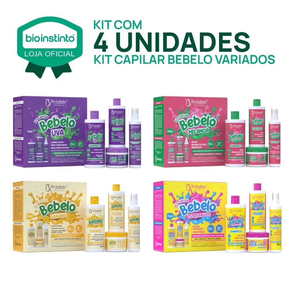04 KITS CAPILAR BEBELO Tutti Banana Uva Melância Bio Instinto Hidratação Queda Salão Beleza 16 itens