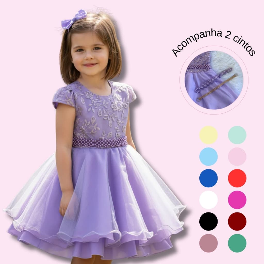 Vestido Menina Infantil Casamento Social Com Cinto Luxuoso Bordado Curto