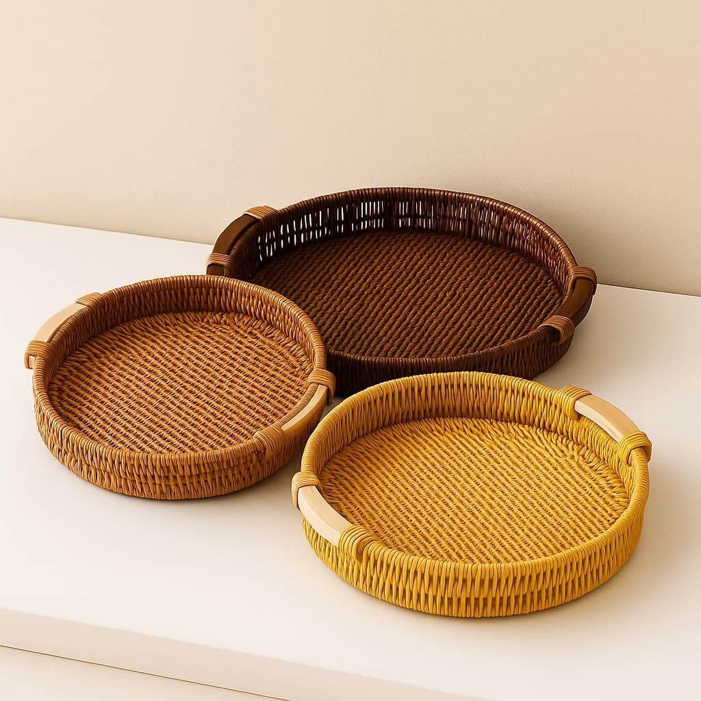 Bandeja Cesto Rattan Trama imita VIME Redonda C\ Alça Madeira