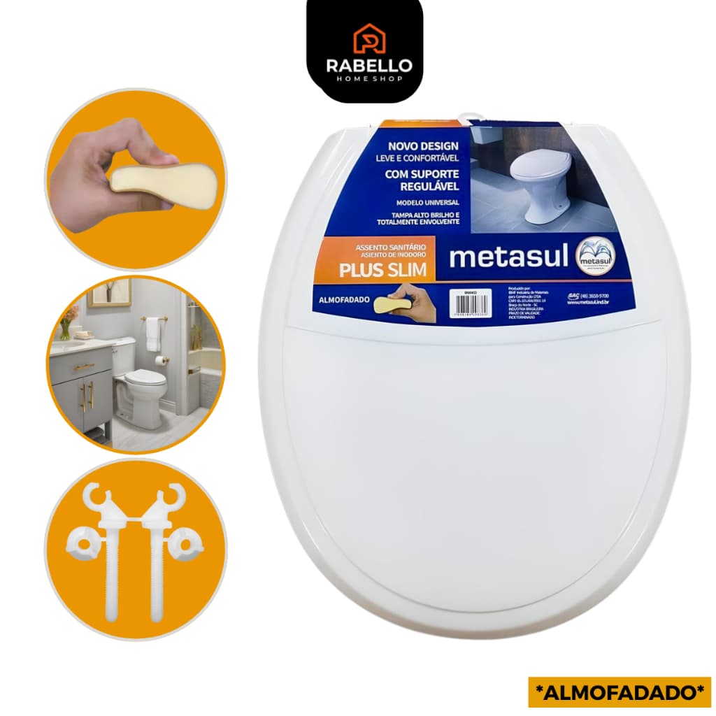 Assento Sanitário Tampa Vaso Oval Almofadado Universal Basico Branco Plus Slim Universal Metasul