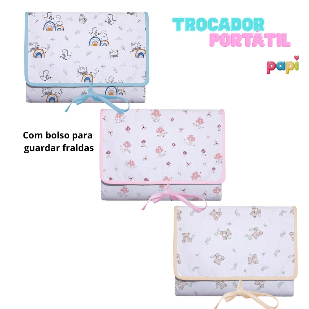 Trocador Portatil Bebe Impermeável com Porta Fraldas Acolchoado Estampado Compacto 100% Algodão Papi