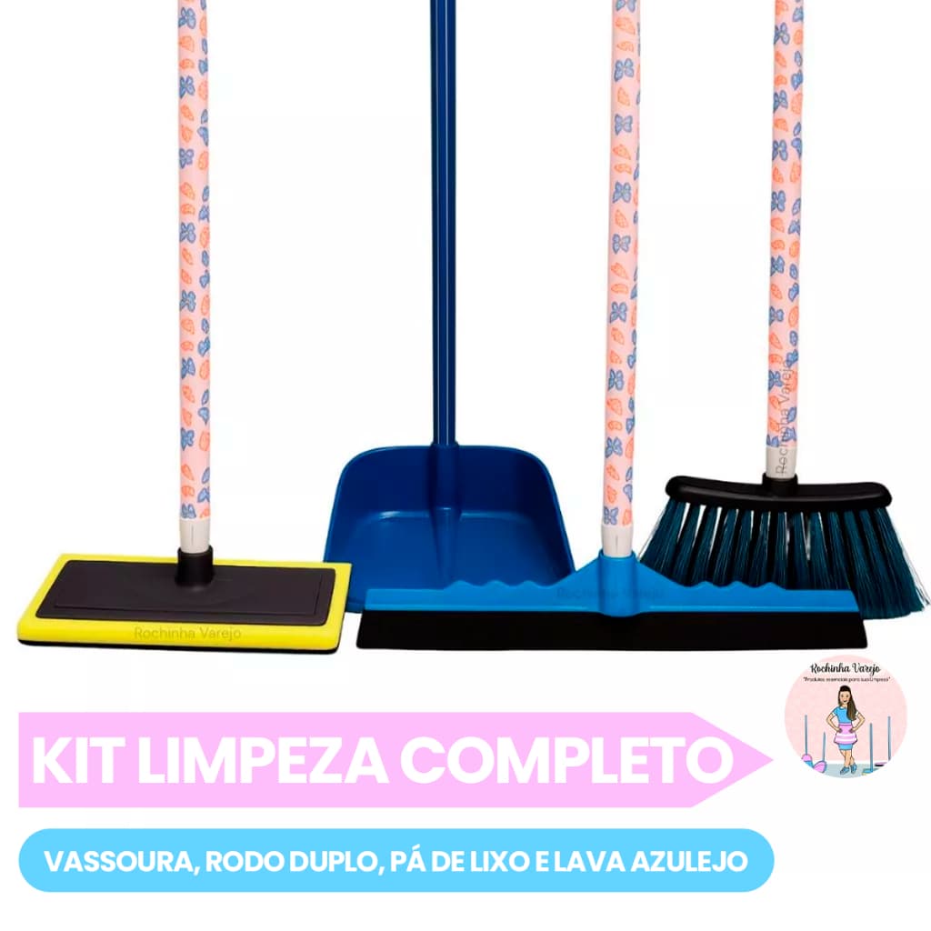 Kit Limpeza Completo: Vassoura, Rodo Duplo, Pá de Lixo e Lava Azulejo com Cabo