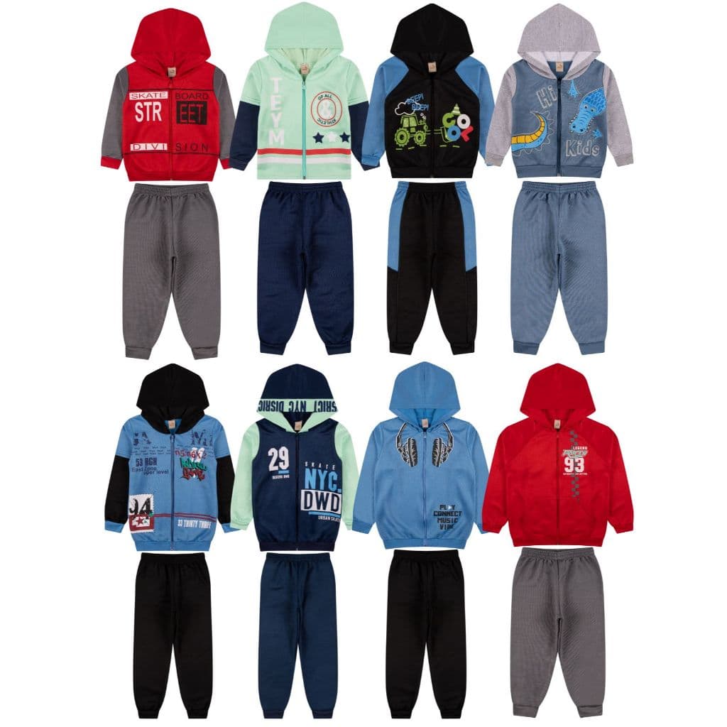 Kit 6 Peças Infantil Moletom Menino Juvenil Inverno Zíper Tamanho 1 ao 14 - 3 Casacos + 3 Calças Roupa Infantil