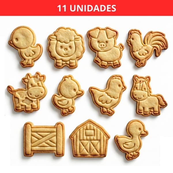 Kit 11 Cortadores/Marcadores de Biscoito de Granja Animais