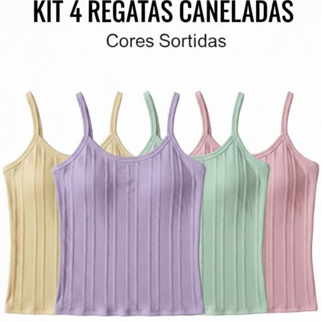 kit com 3 ou 4 Regatinhas Feminina Alcinha Canelada Com Bojo - Novas Cores Tendencia 2026