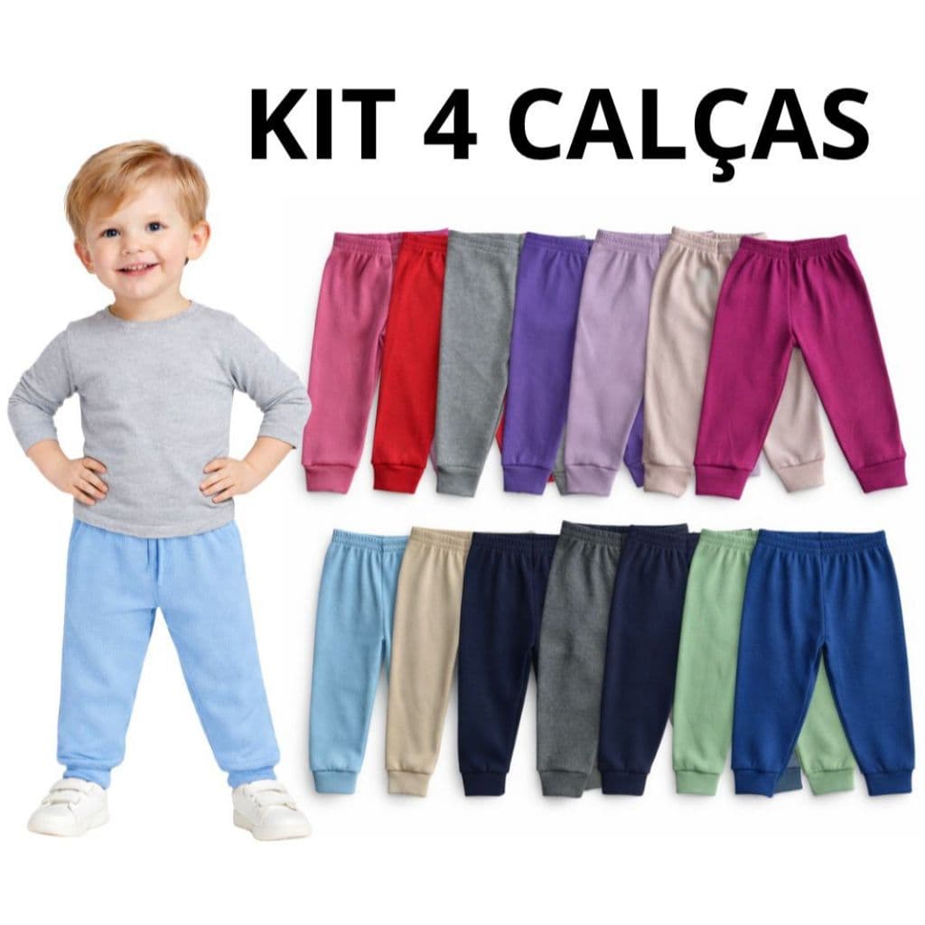 Kit 4 Calças Infantil Cores Sortidas Mijão Bebê Ribana Algodão Menino Menina Confortável | RN ao G e 1 ao 10 | REF 2435