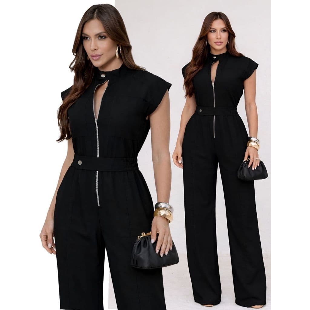 Macacão Feminino Cargo Longo Com Ziper Frontal Alfaiataria Elegante