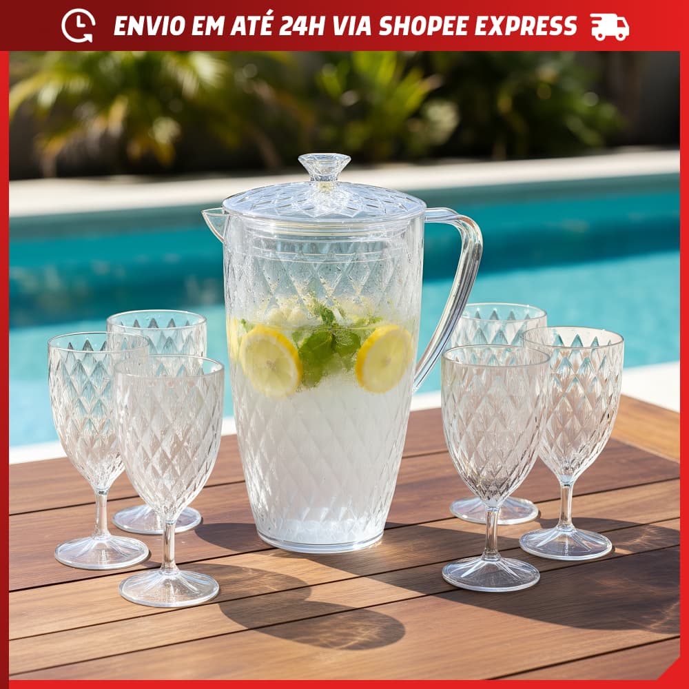 Jarra Grande 2 Litros e Taças 380ml Mesa Posta Glamour Decoração Cozinha Para Suco