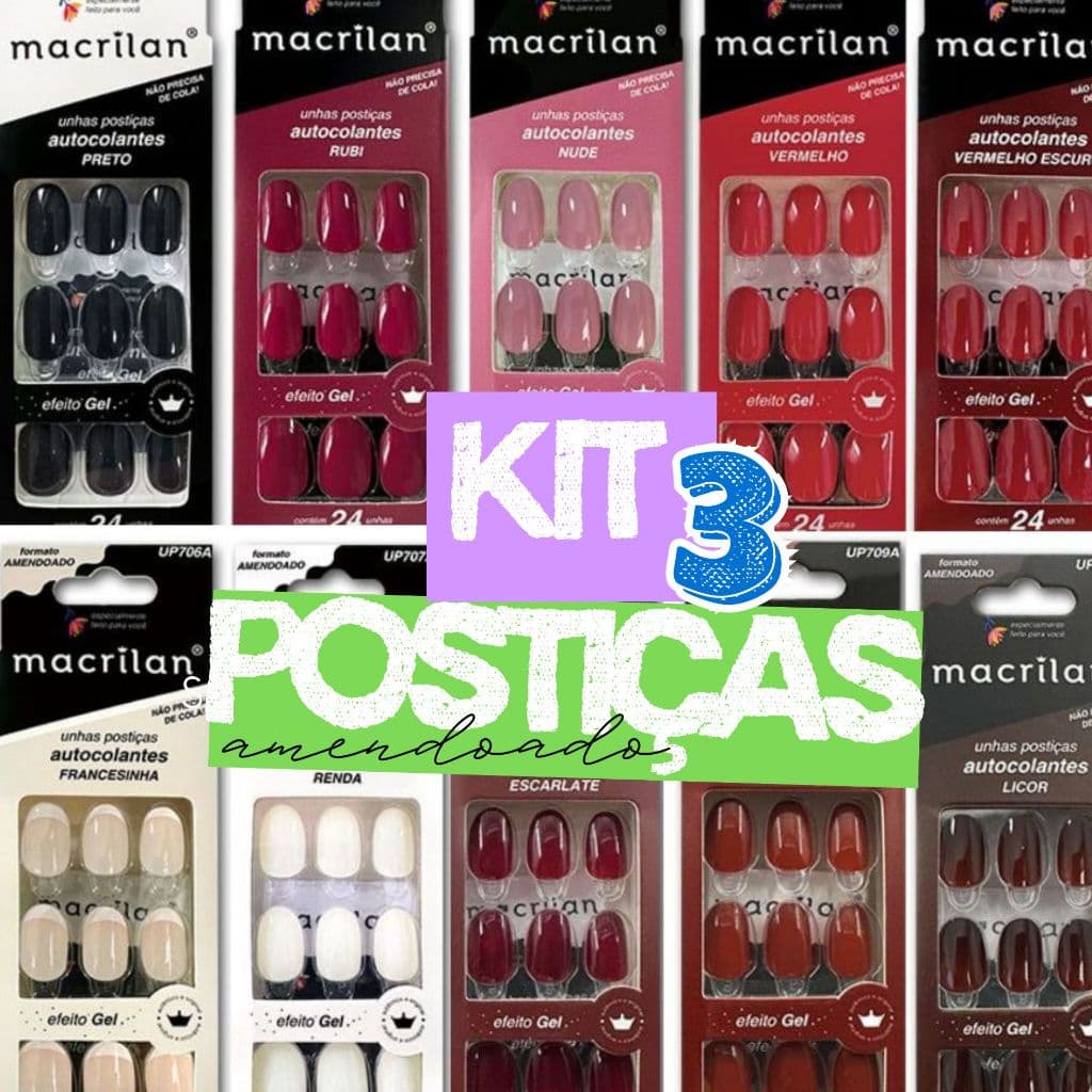 KIT 3 UNHAS POSTIÇAS AMENDOADO COLANTES MACRILAN PROMOÇÃO