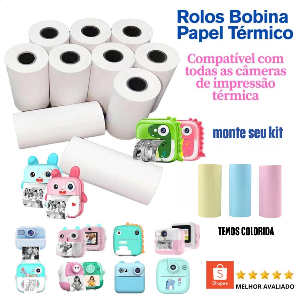 Kit 1 a 30 Rolos Refil Papel Câmera Instantânea Mini Impressora Portátil Térmica Etiqueta Maquina Fotográfica Imprime