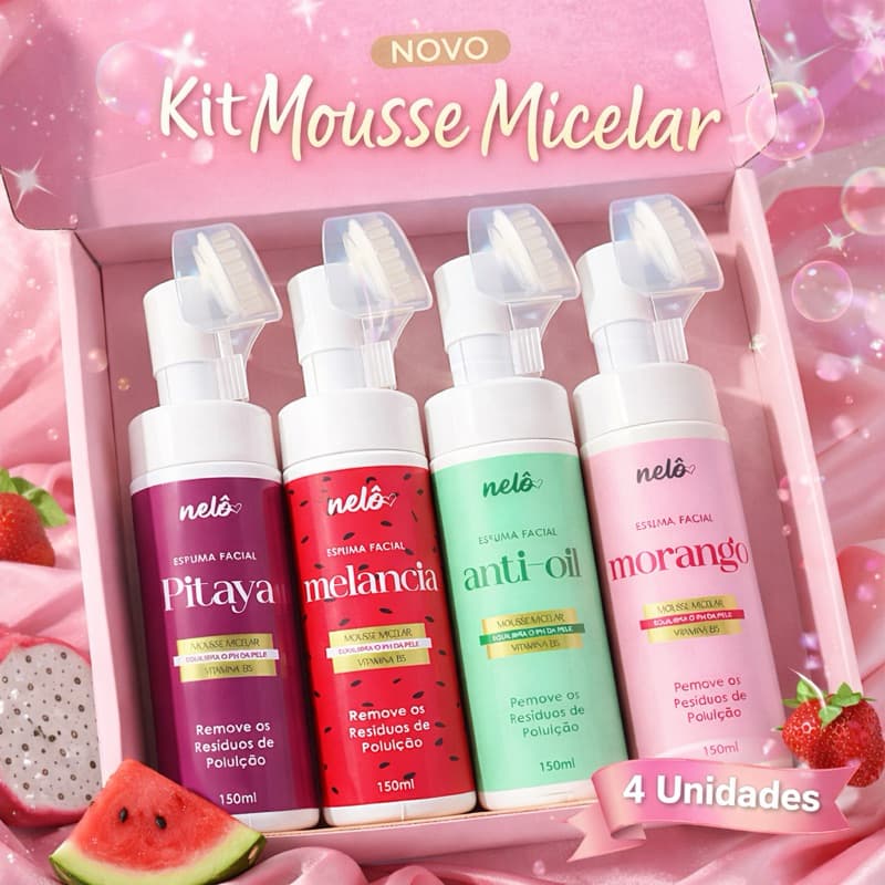 Kit 4 Mousse Facial Micelar de Limpeza 150ml - Morango, Melancia, Anti-oil e Pitaya