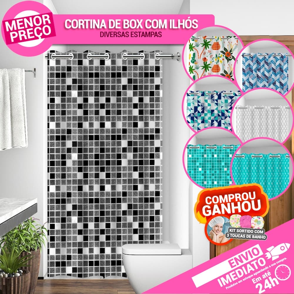 Cortina de Box para Banheiro c/ Ilhós Anti Mofo Resistente Alta Qualidade 100% PVC - Envio Imediato