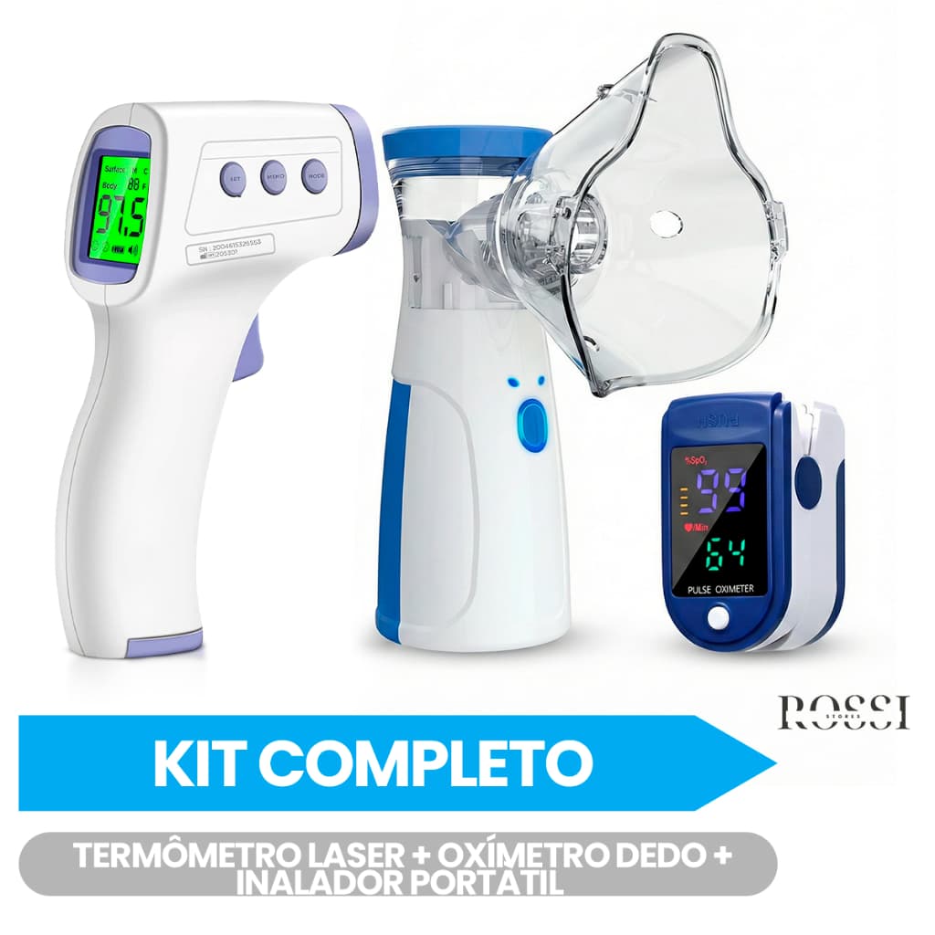 Kit Oxímetro de Dedo + Termômetro Infravermelho + Inalador Portátil – Envio Imediato