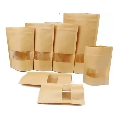 Kit 50 Unidades  Saco Papel Kraft Fosco Stand Up Pouch C/ Visor Zip lock Hermético - Escolha Seu Tamanho