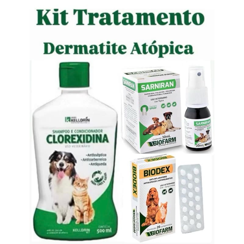Kit Shampoo Clorexidina 5 em 1 - 500ml - Kelldrin + Biodex 20 Comprimidos + Sarniran 30ml