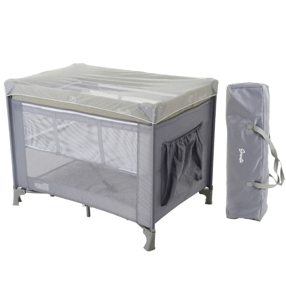 Berço Desmontável Portátil Cercadinho Com Mosqueteiro Sonata Cinza Burigotto