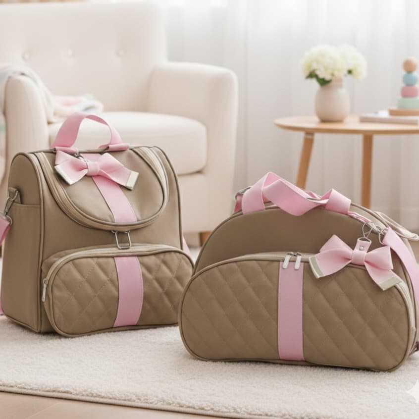 Kit Bolsa Maternidade Menina Mochila Térmica e Impermeável Conjunto Mamãe Bebê De Luxo Premium Rose