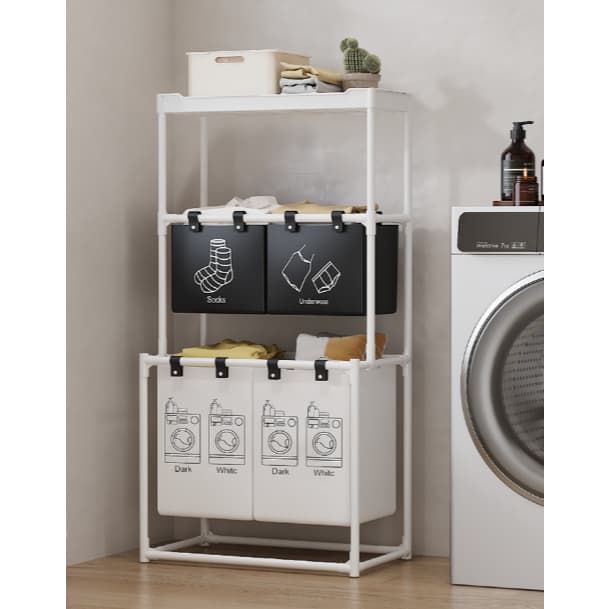 👔Cesto Roupa Suja de Aço Dobrável Armazenamento e Organizador Dupla Camada 4 divisórias E 3 divisórias  para  lavanderia