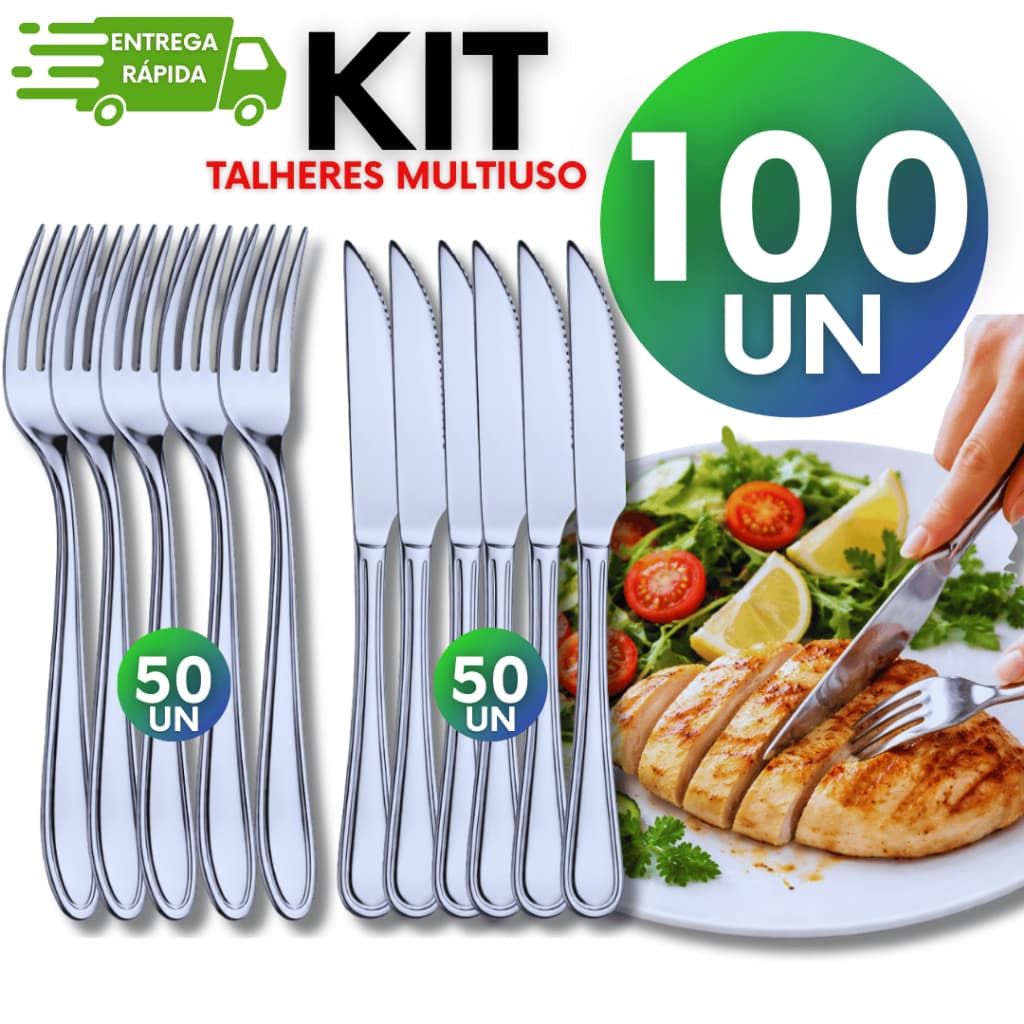 Kit 100 Peças -  Talheres Linha Premium Utilidades 50 Garfos 50 Facas Casa Cozinha Multiuso Buffet Culinária