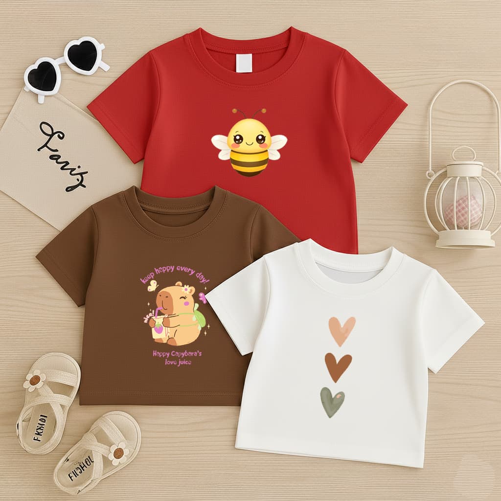 Kit 3 Camiseta Infantil Básica Menina Capivara Abelha Blusa Coração 100% Algodão Lançamento