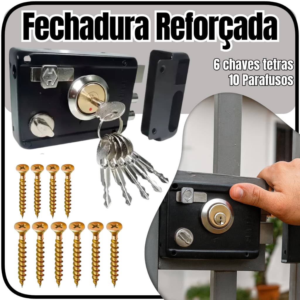 Fechadura de sobrepor manual com trava Dupla para portão externo 6 chaves tetra preta fosca Elite