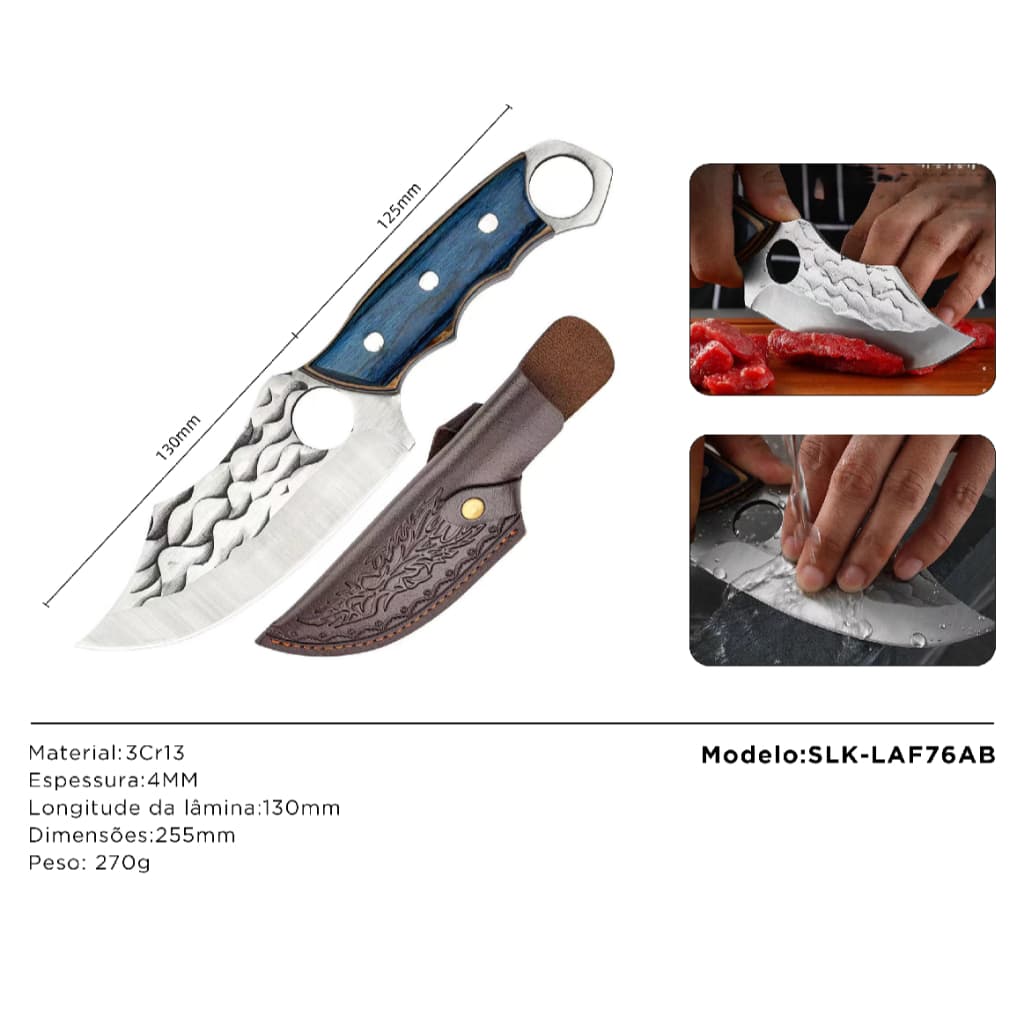 Cutelo Artesanal Inox Com Bainha Reforçada Faca Bruta Forge Cabo Madeira Faca Cabo Azul 76
