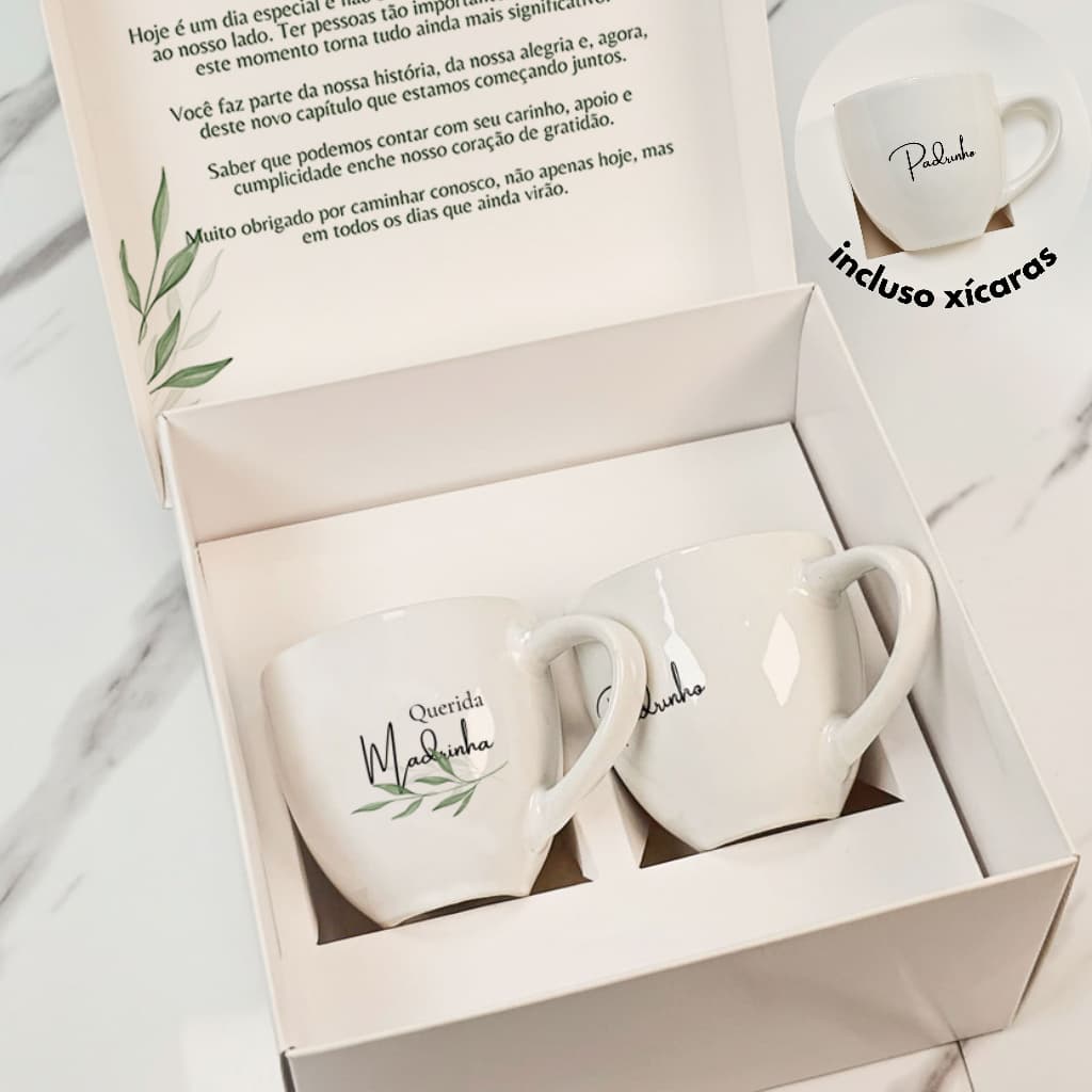 Caixa com Xícara de porcelana para padrinhos de casamento personalizada