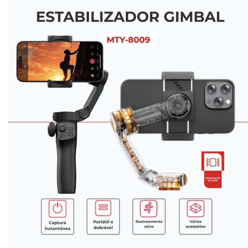 Gimbal Estabilizador 3 Eixos para Celular Bluetooth Anti Tremor Vídeo Profissional Vlog