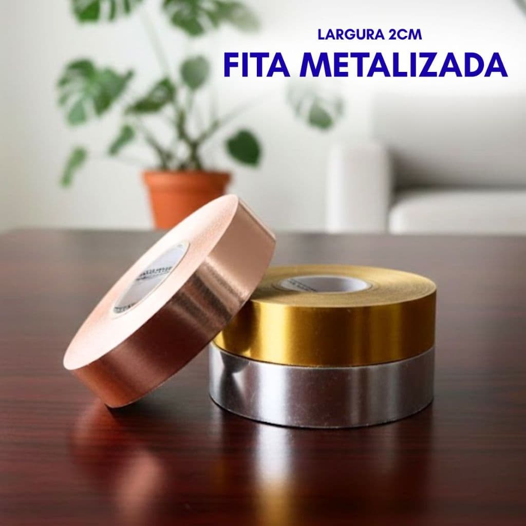 Fita Adesiva Resistente 1M 10M 20M 25M 50M Efeito Metalizado Cores Dourada Rose Prata Largura 2CM