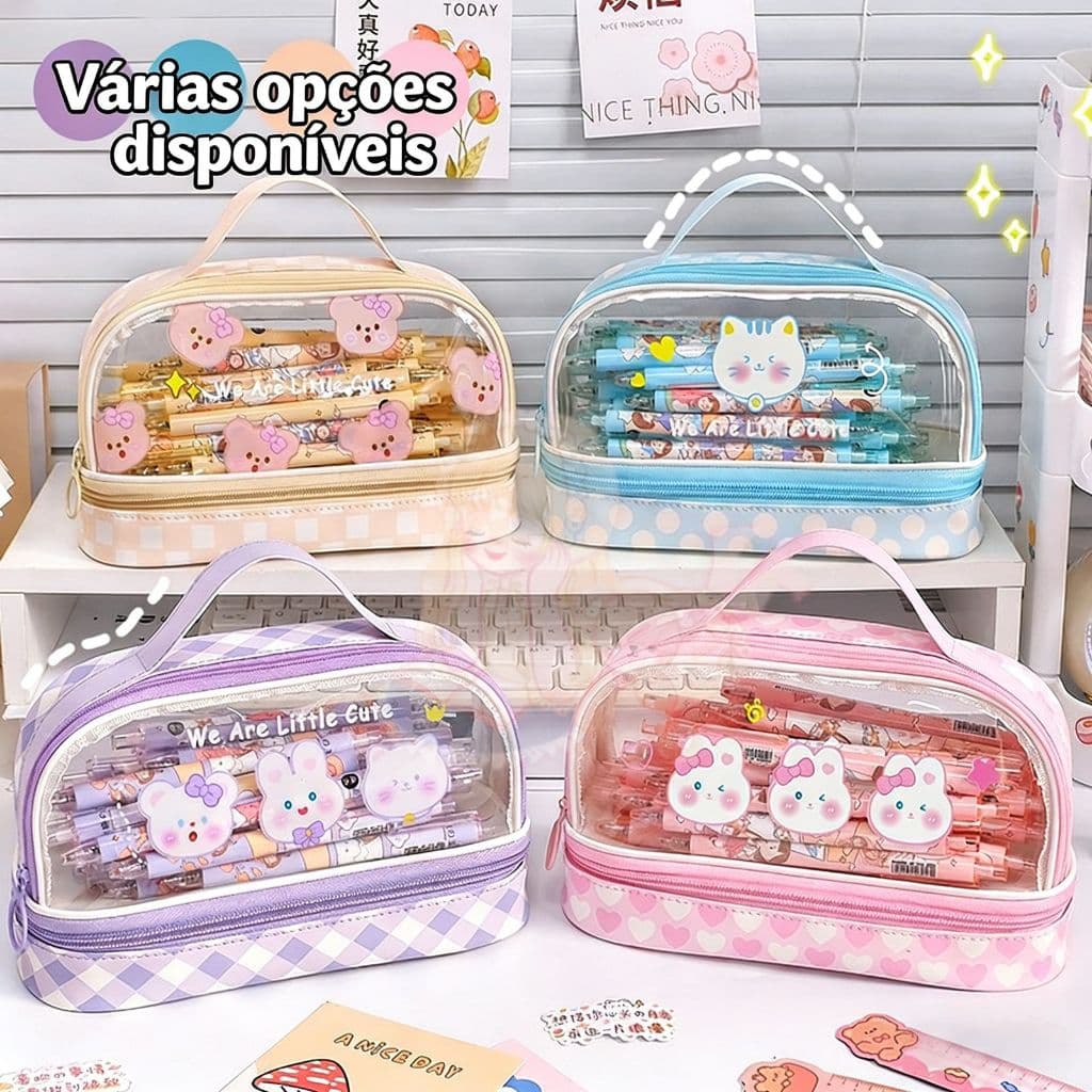 Estojo Escolar Duas Camadas Grande Capacidade - Transparente e À Prova D'água para Lápis e Canetas