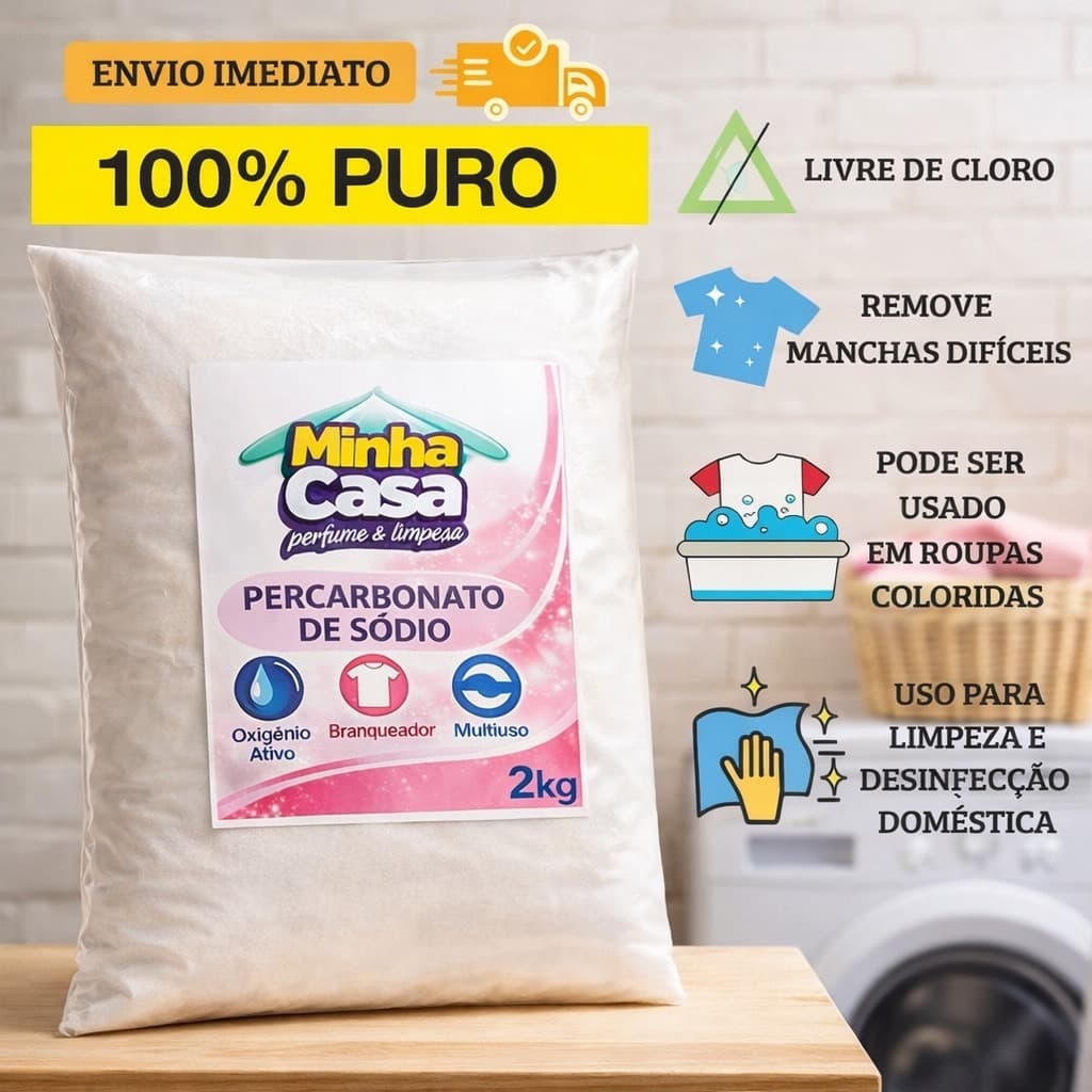 Percarbonato de Sódio 100% Puro -Tira Manchas Poderoso, Limpeza Profunda, Roupas Brancas e Coloridas