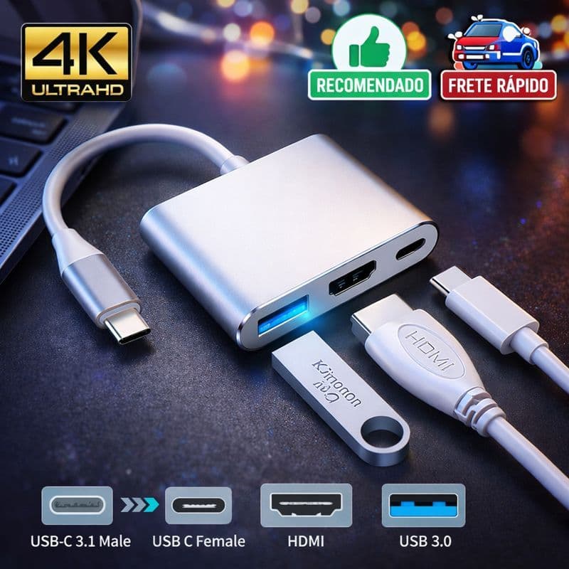 Hub USB-C 3 em 1 Adaptador  HDMI 4K, USB 3.0, Tipo-C PD 100W para Notebook, MacBook, Celular Tablet