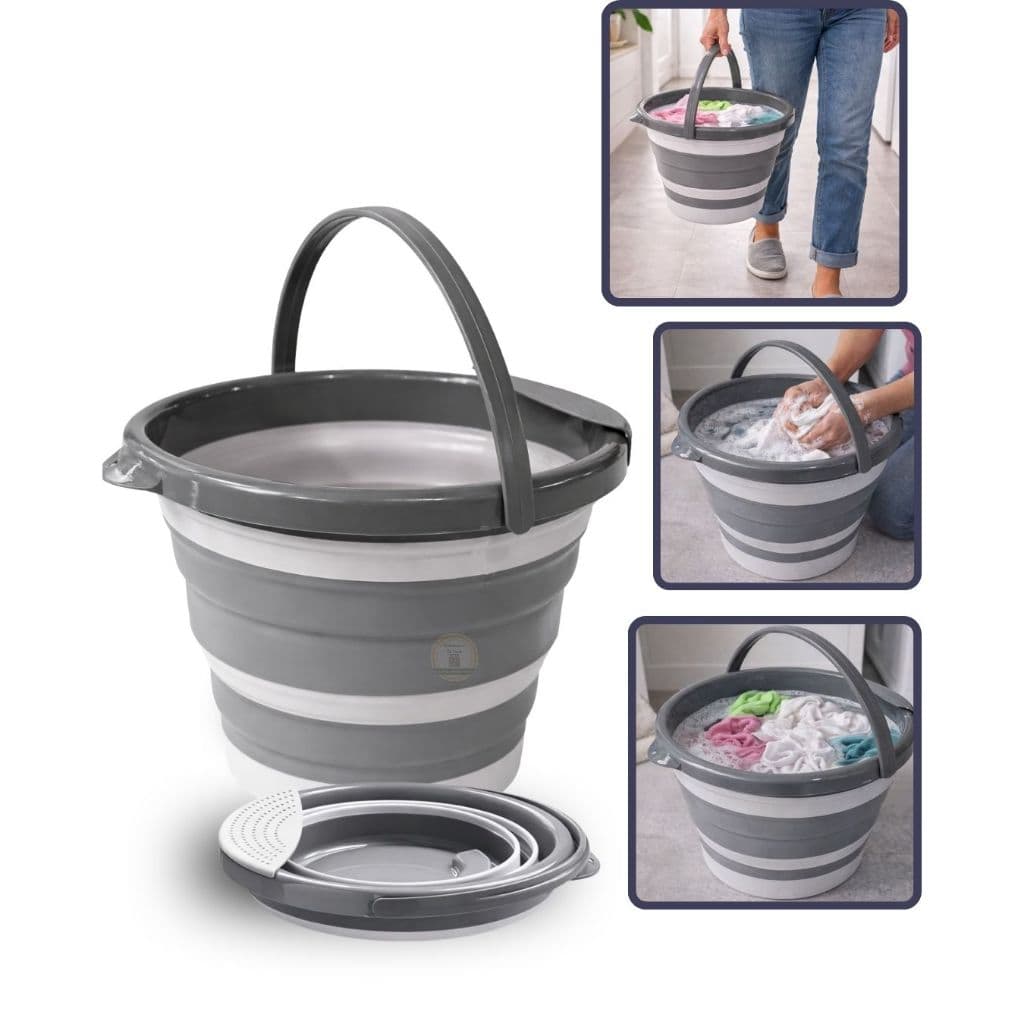 Balde Dobrável Retrátil Silicone 10L com Escorredor Multiuso para Limpeza Casa Cinza