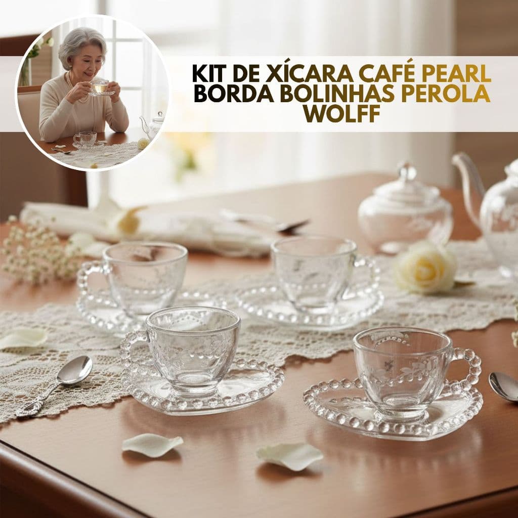Kit Pearl C/ Pires Coração e Redondo Wolff Lyor JG 4 e 6 Xícaras Chá Café 85ml / 170 ml / Chá 180ml