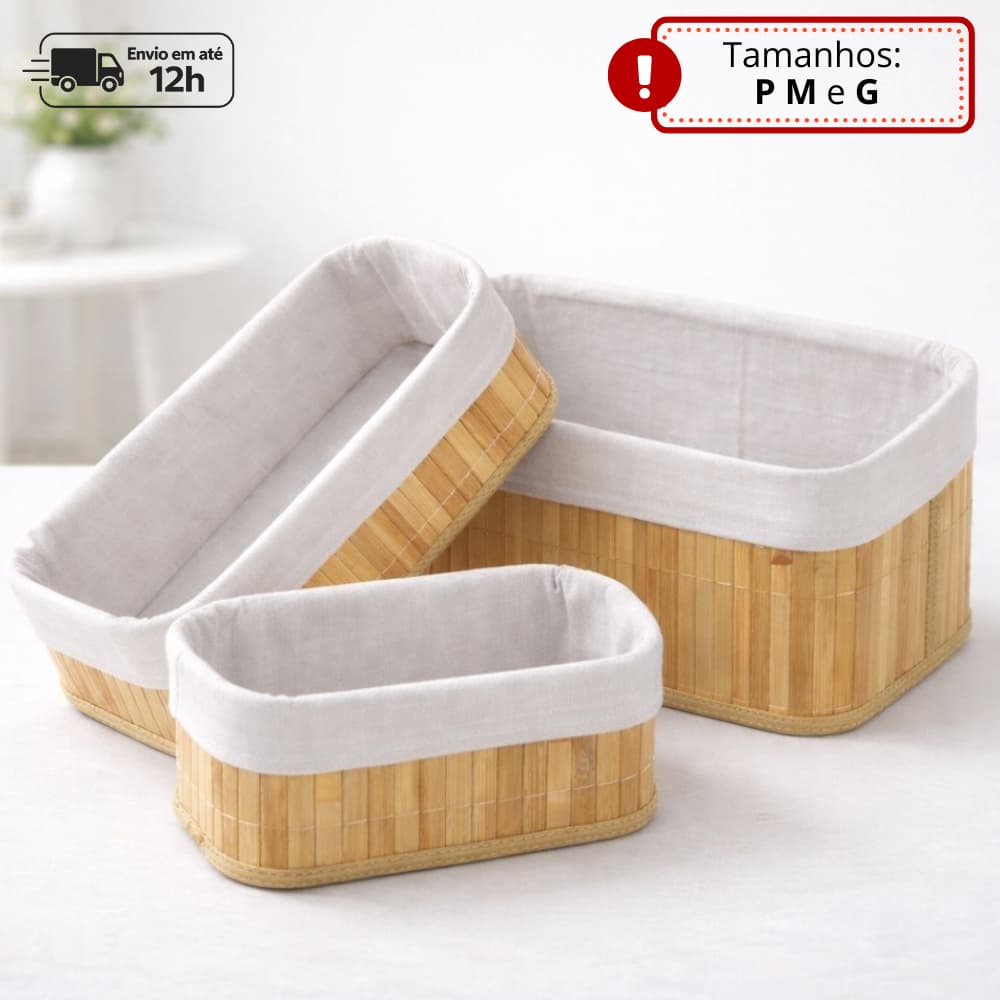 Cesto Organizador de Bambu Multiuso Forro Organizador Objetos Quarto Roupa Banheiro