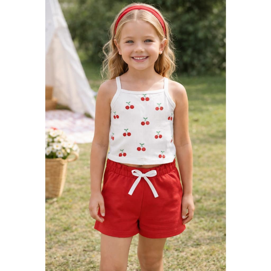 Conjunto Infantil Verão Blusa Canelada de Alça com Estampa Cerejinha e Bermuda Moletinho