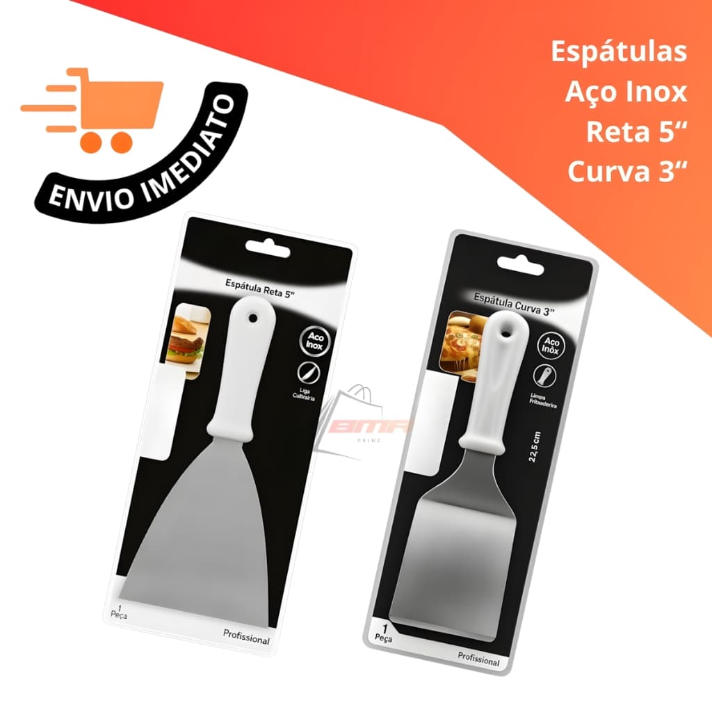 Espátulas Em Aço Inox Reta 5" Curva 3" Kit 2 Para Cozinha Chapeiro Lanchonete Confeitaria Sobremesas