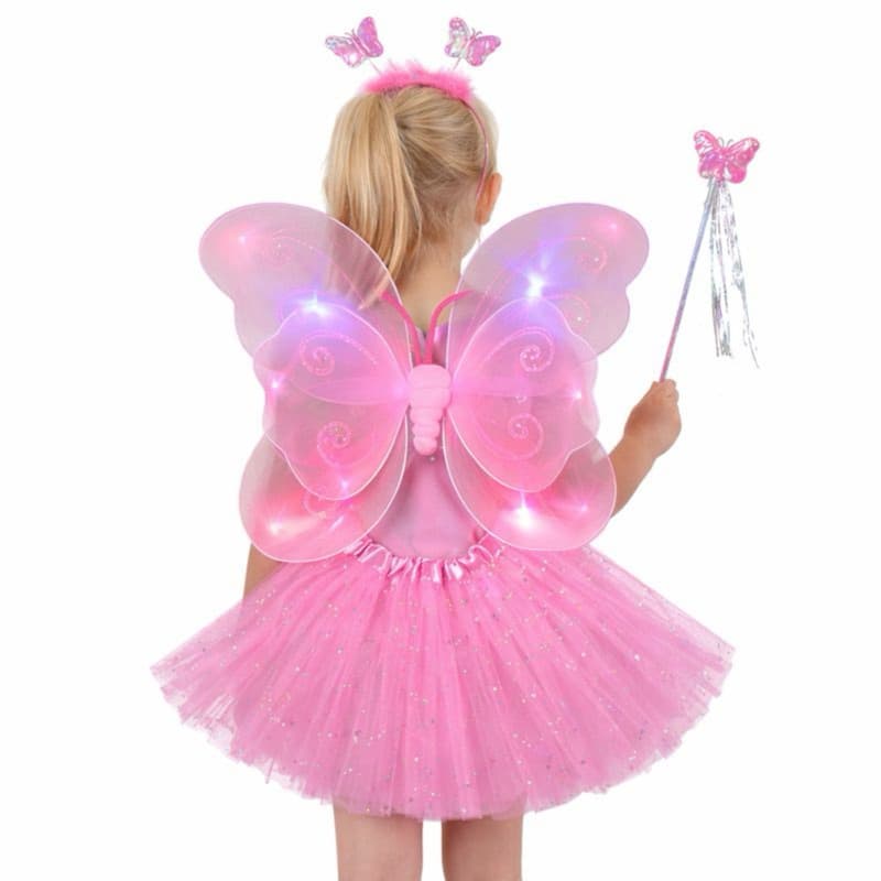 Fantasia Infantil Fada Borboleta Rosa Luz Led Pisca Pisca 4 Peças Asa +Varinha +Tiara +Saia 3 a 5 anos