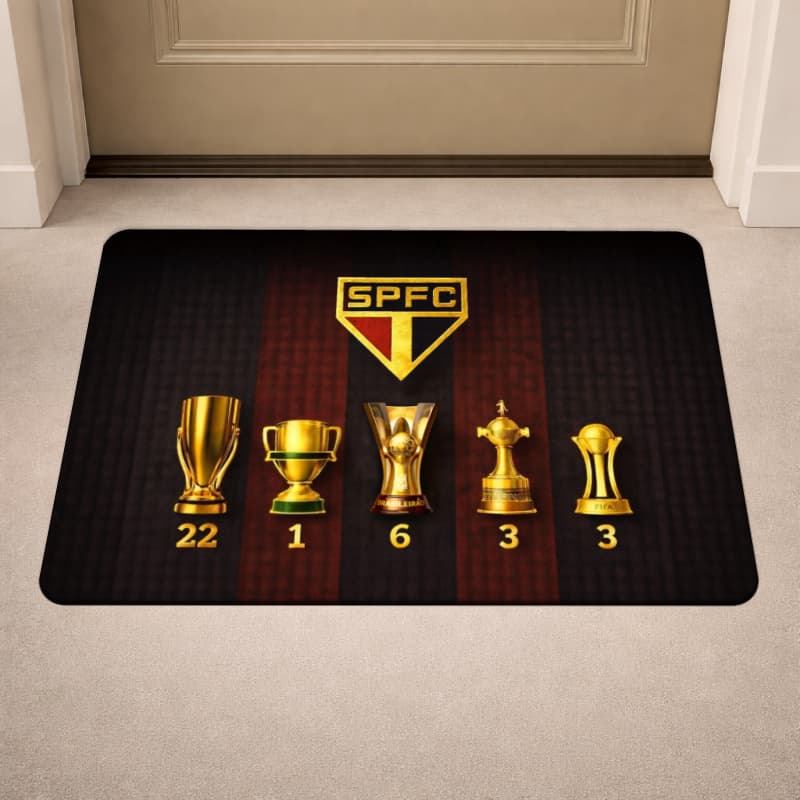 Tapete de Porta Antiderrapante - Time de Futebol - Taças - São Paulo - Entrada - 40x60