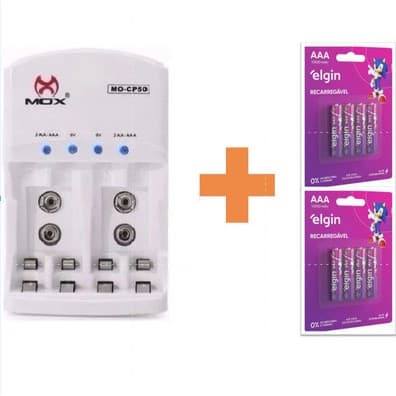 Kit Carregador Mox + 8 Pilhas Recarregaveis AAA Elgin Duração até 1000 Cargas