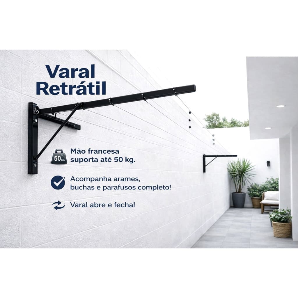 Varal Retrátil 25m com Kit de Instalação Completo – Corda de Aço Revestida e Alta Durabilidade