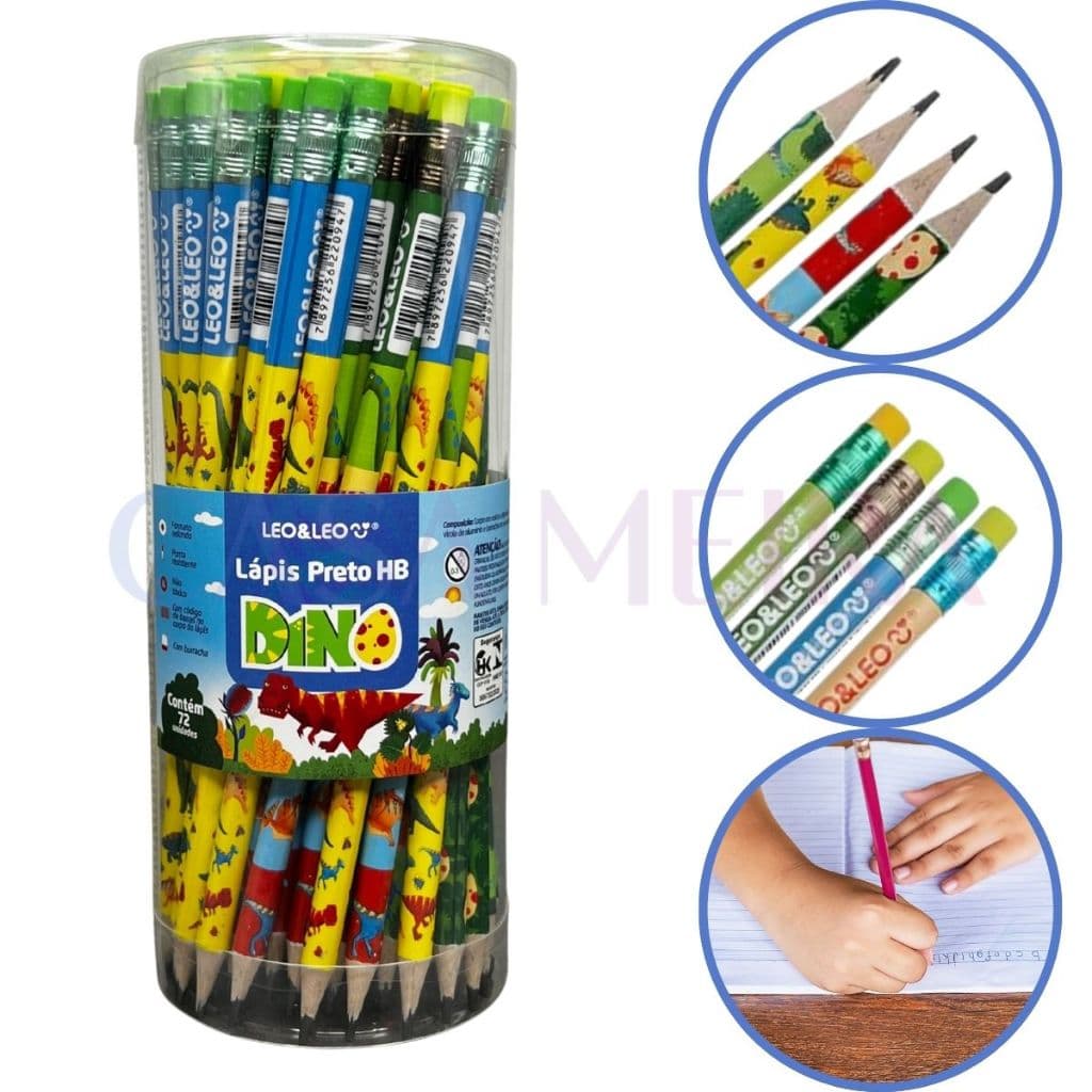 Pote 72 Lápis De Escrever Dino Hb C/ Borracha Resina LeoeLeo Escolar Escritorio Atacado Personagens