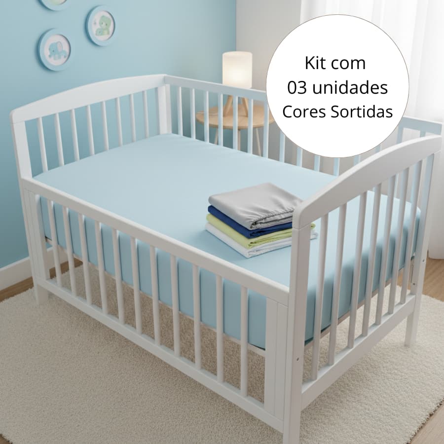 Kit 03 Lençol Bebê Berço Padrão Americano 130x70cm Percal 400 fios Com Elástico Super Macio